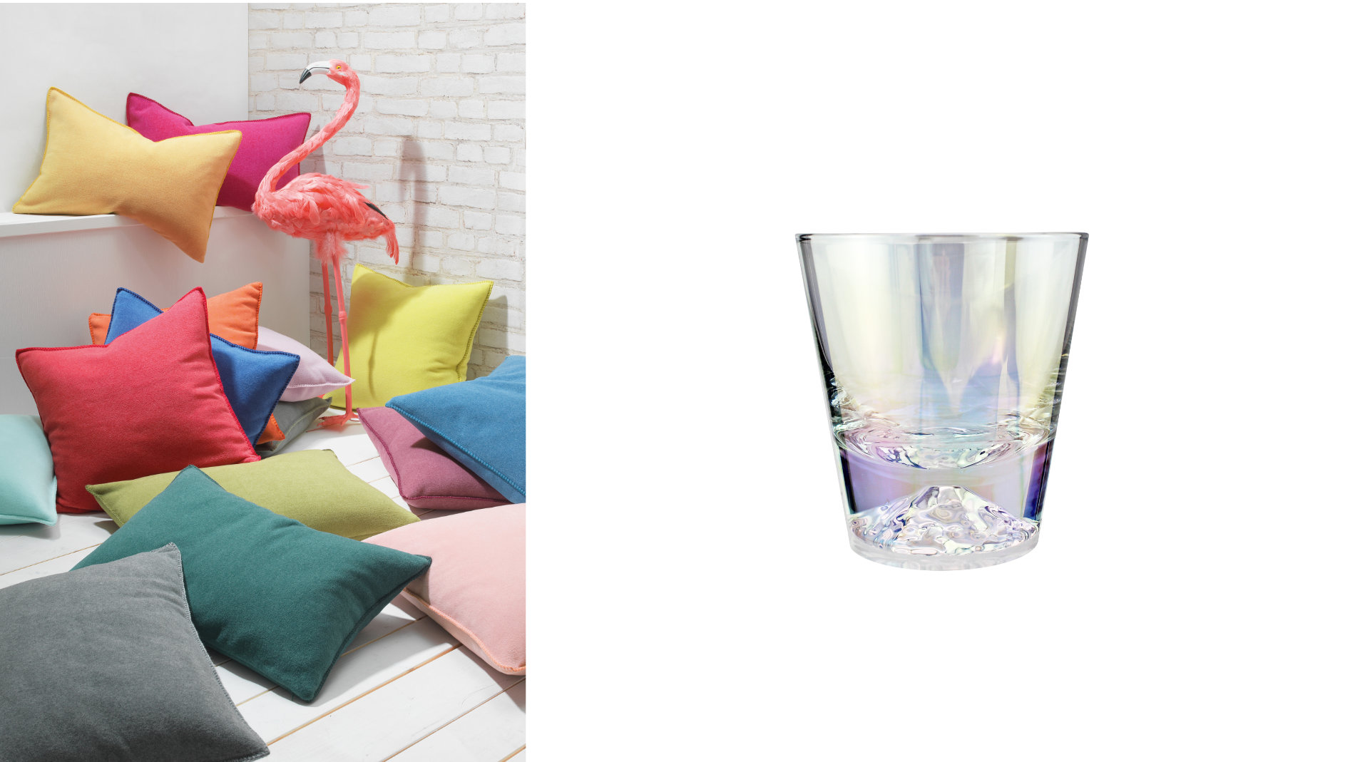Setting festive accents: the colourful cushions by Eagle Products and the shimmering "Everest" whiskey glass by Mags. Photos: Eagle Products and Mags.